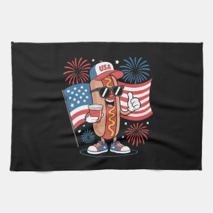 4th Of July Hotdog American Flag Patriotic Firewor Tea Towel