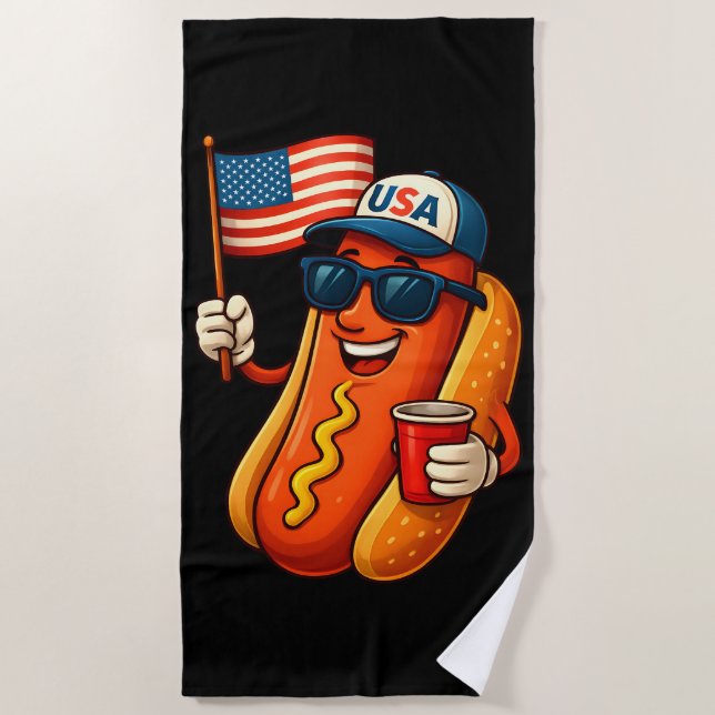 4th of July Hotdog Funny Patriotic USA Flag Beach Towel (Front)