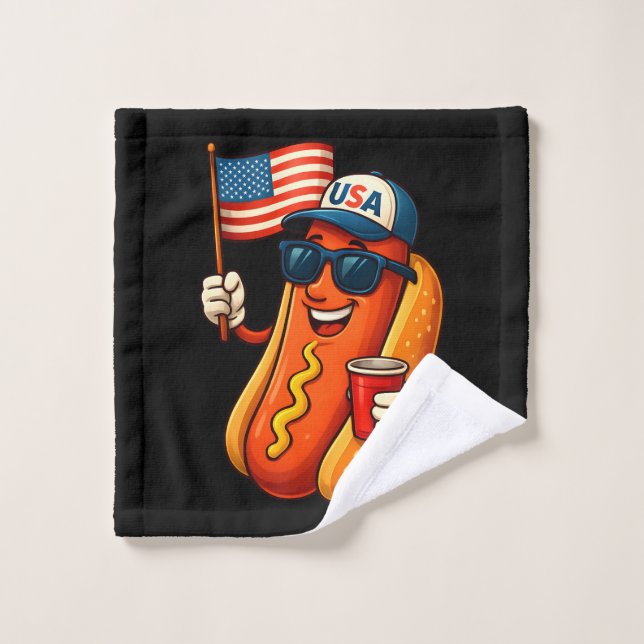 4th of July Hotdog Funny Patriotic USA Flag Wash Cloth (Wash Cloth)