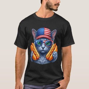 4th of july hotdog russian blue cat funny T-Shirt