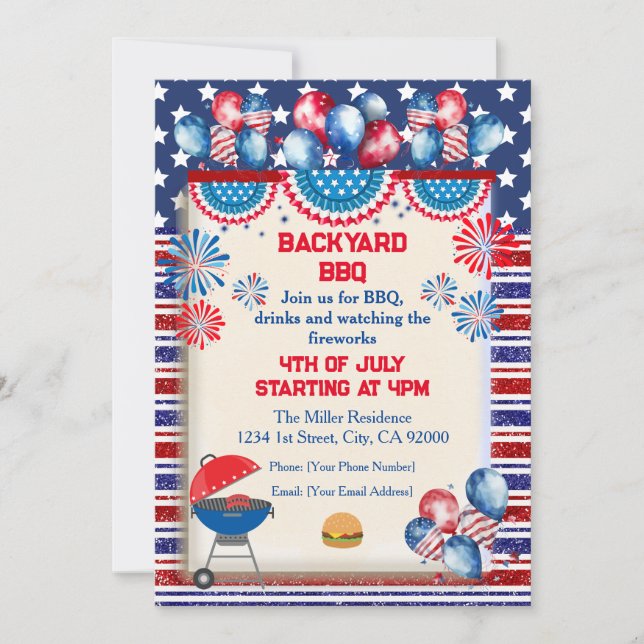 4th of July Independence day Bbq party design Invitation (Front)