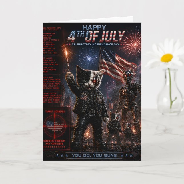 4th of July/Independence Day/cyborg cat Card (Small Plant)