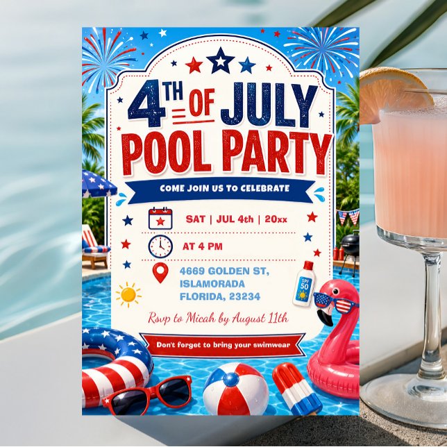 4th of July Independence Day Pool Party Invitation (Creator Uploaded)
