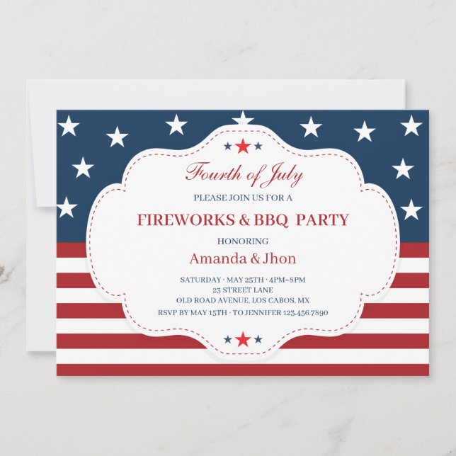 4th of July Invitation, Independence Day, BBQ Invitation (Front)