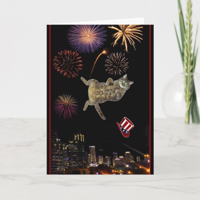 4th of July Kitty and Fireworks Card (Front)