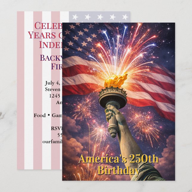 4th of July Liberty Torch Fireworks USA 250th Invitation (Front/Back)