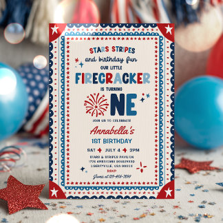 4th Of July Little Firecracker 1st Birthday Party Invitation