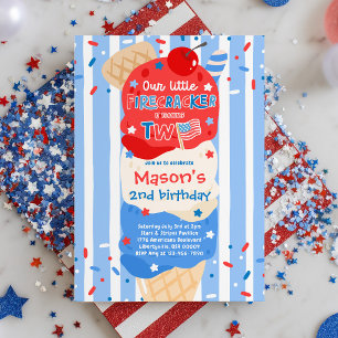 4th Of July Little Firecracker 2nd Birthday Party Invitation