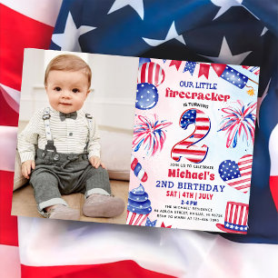 4th Of July Little Firecracker 2nd Birthday Photo Invitation