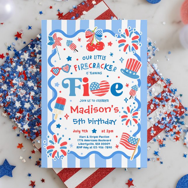4th Of July Little Firecracker 5th Birthday Party Invitation (Creator Uploaded)