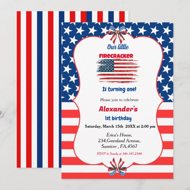 4th of july little firecracker birthday invitation (Front/Back)