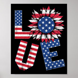 4th Of July Love Sunflower Patriotic American Flag Poster