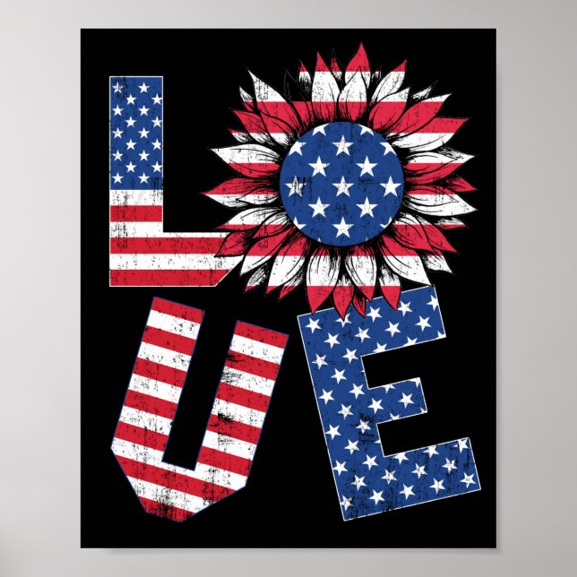 4th Of July Love Sunflower Patriotic American Flag Poster (Front)