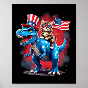 4th Of July Meowica American Flag Cat Riding Dinos Poster