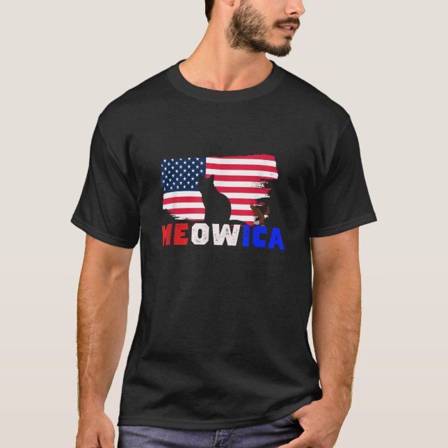 4th Of July Meowica American Flag Patriotic Cat  T-Shirt (Front)