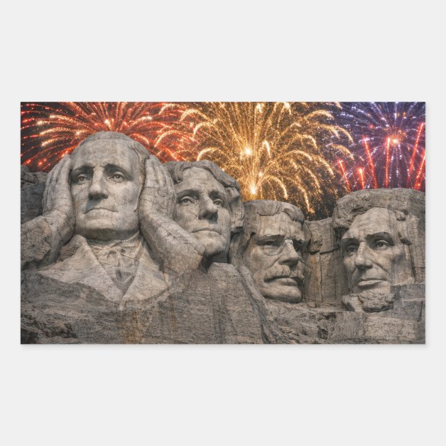 4th of July Mount Rushmore Humor with Fireworks Rectangular Sticker (Front)