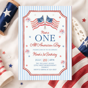 4th of July One All American Boy Birthday Invitation