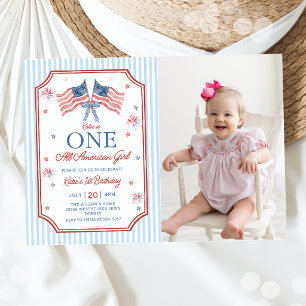 4th of July One All American Girl Birthday Photo Invitation