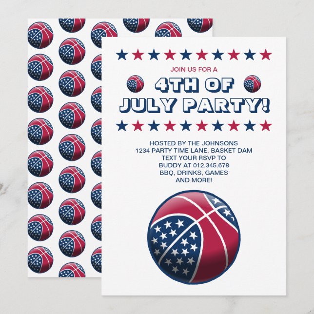 4th of July Party Basketball Invitation (Front/Back)