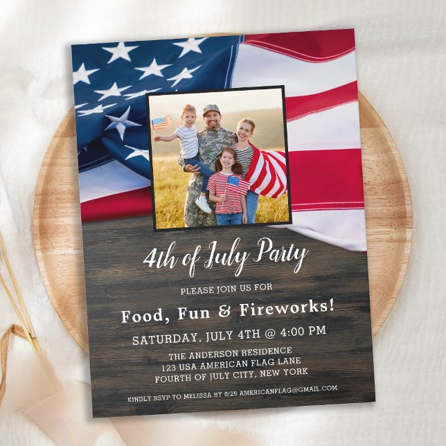 4th Of July Party Family Photo American Flag Invitation Postcard (Creator Uploaded)