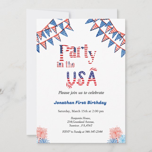 4th of july party in the USA red white &  blue  Invitation (Front)