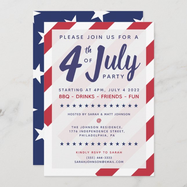 4th of July Party Invitation - Patriotic US Flag (Front/Back)