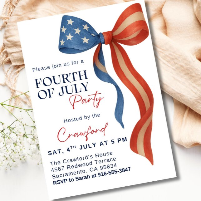 4th of July Party Invitation, Red White Blue Bow Invitation (Creator Uploaded)