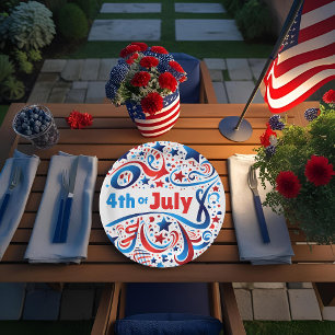 4th of July Party Paper Plate with Stars & Swirls 