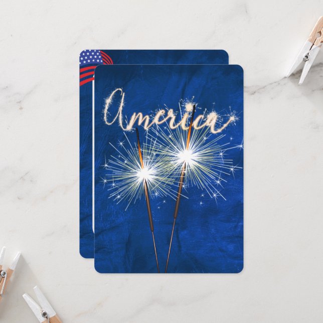 4th of July Party Sparkler on Blue Invitation (Front/Back In Situ)