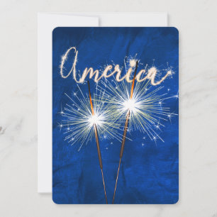 4th of July Party Sparkler on Blue Invitation
