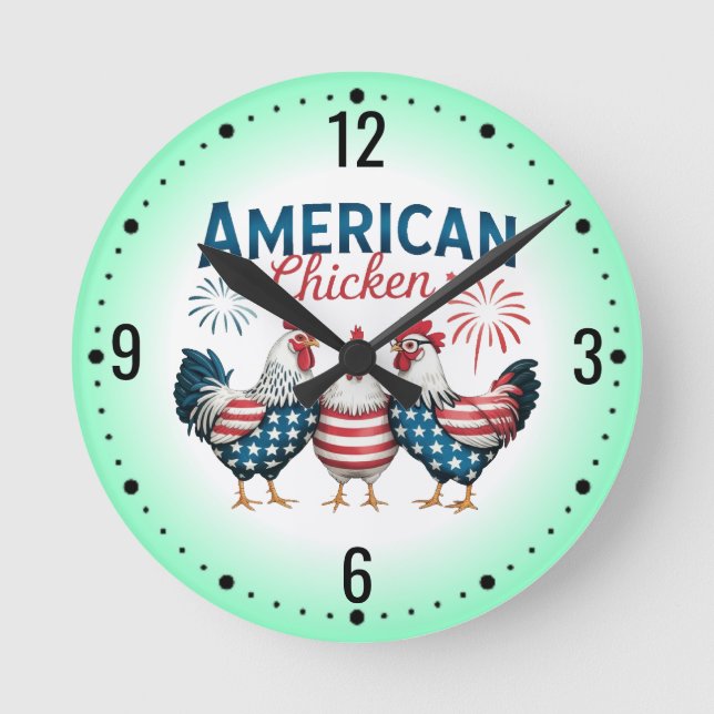 4th of July Patriotic American Chicken Design Round Clock (Front)
