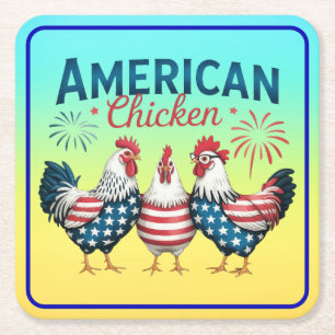 4th of July Patriotic American Chicken Design Square Paper Coaster