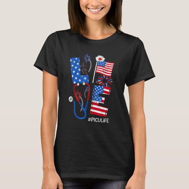 4th of July Patriotic American PICU Baby Nurse Ste T-Shirt (Front)