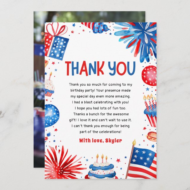 4th Of July Patriotic Birthday Thank You Card (Front/Back)