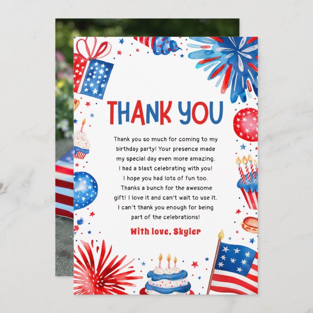 4th Of July Patriotic Birthday Thank You Card (Front/Back)
