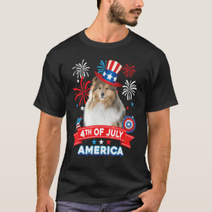 4th Of July Patriotic Day Shetland Sheepdog Dog In T-Shirt
