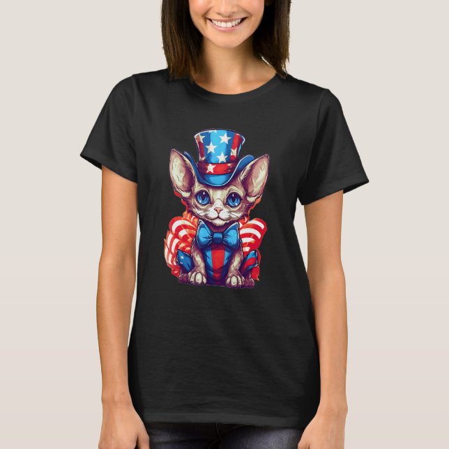 4th Of July Patriotic Devon Rex Cat T-Shirt (Front)