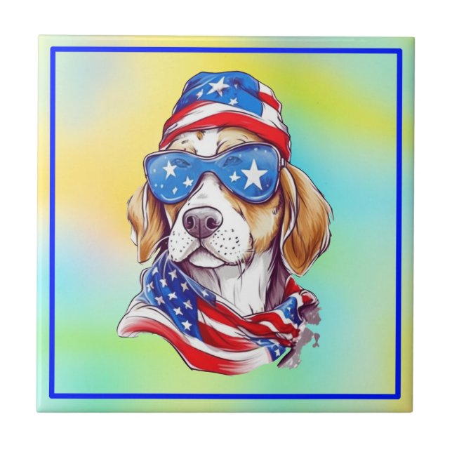 4th Of July Patriotic Dog Design  Ceramic Tile (Front)