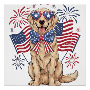 4th of July Patriotic Dog Golden Poster