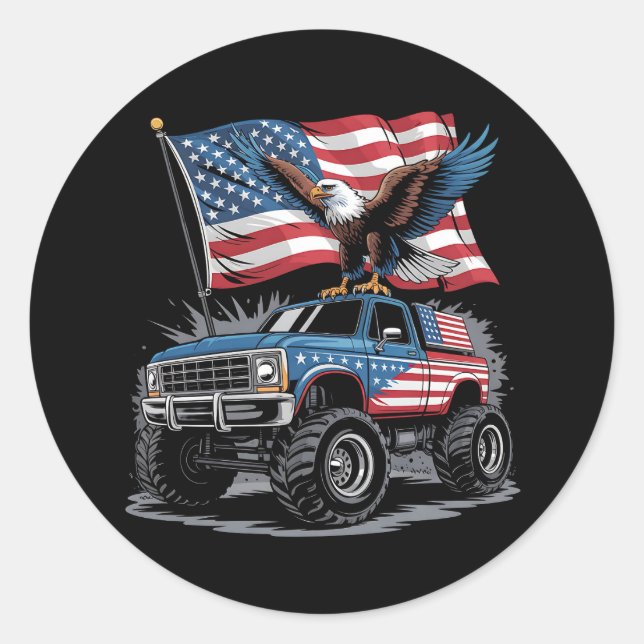 4th Of July Patriotic Eagle Monster Truck American Classic Round Sticker (Front)