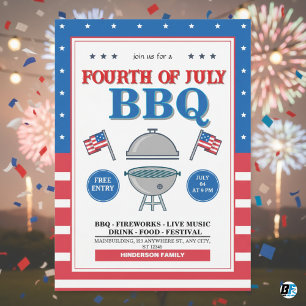 4th of July,  Patriotic Fireworks BBQ Party  Invitation