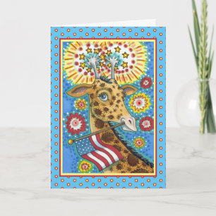 4TH OF JULY PATRIOTIC GIRAFFE & FIREWORKS Cute Fun Holiday Card