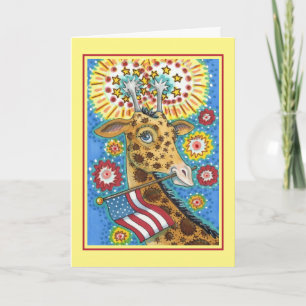 4TH OF JULY PATRIOTIC GIRAFFE & FIREWORKS Cute Fun Holiday Card