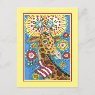 4TH OF JULY PATRIOTIC GIRAFFE & FIREWORKS Cute Fun Holiday Postcard