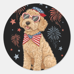 4th Of July Patriotic Goldendoodle Coquette Bow Us Classic Round Sticker