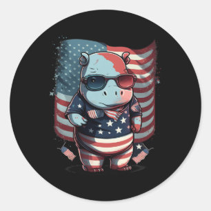 4th Of July Patriotic Hippo Us Flag Classic Round Sticker