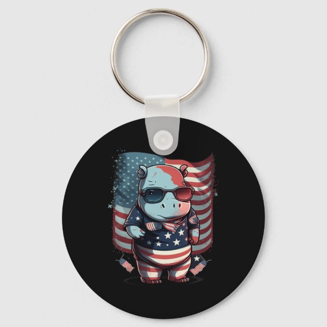 4th Of July Patriotic Hippo Us Flag  Key Ring (Front)