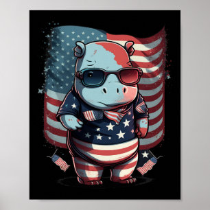 4th Of July Patriotic Hippo Us Flag Poster