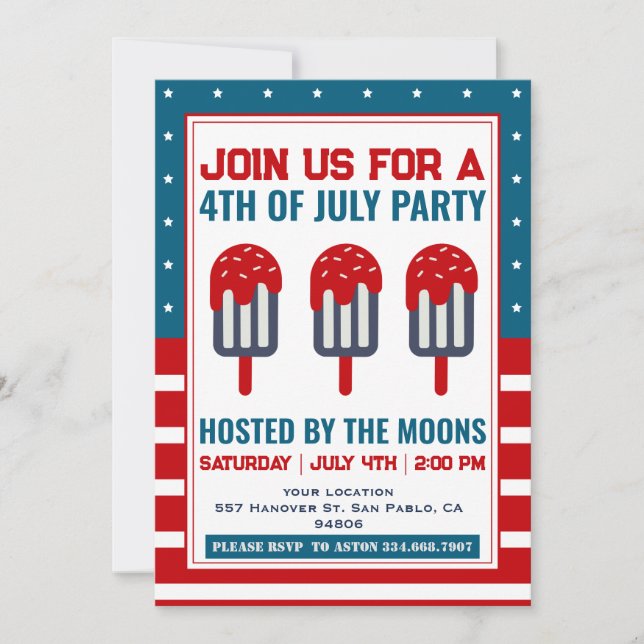 4th of July Patriotic Ice Cream Pop Party  Invitation (Front)