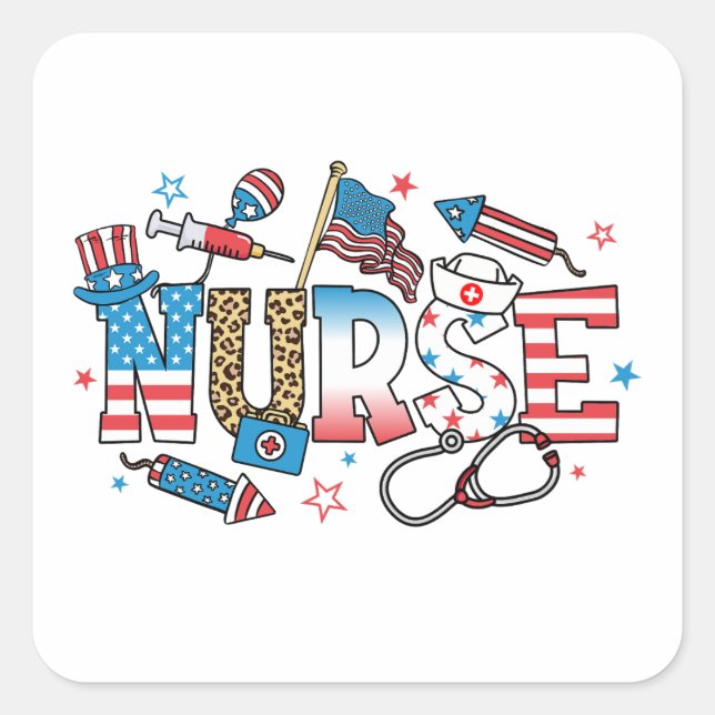 4th Of July Patriotic Nurse Square Sticker (Front)